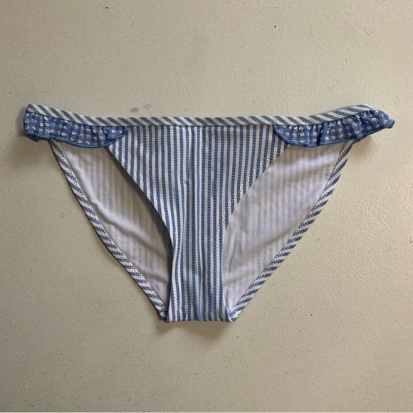 Aerie Seersucker Ruffle Bikini Bottom Size XXS Blue & White  Swimwear NWT - Picture 1 of 13